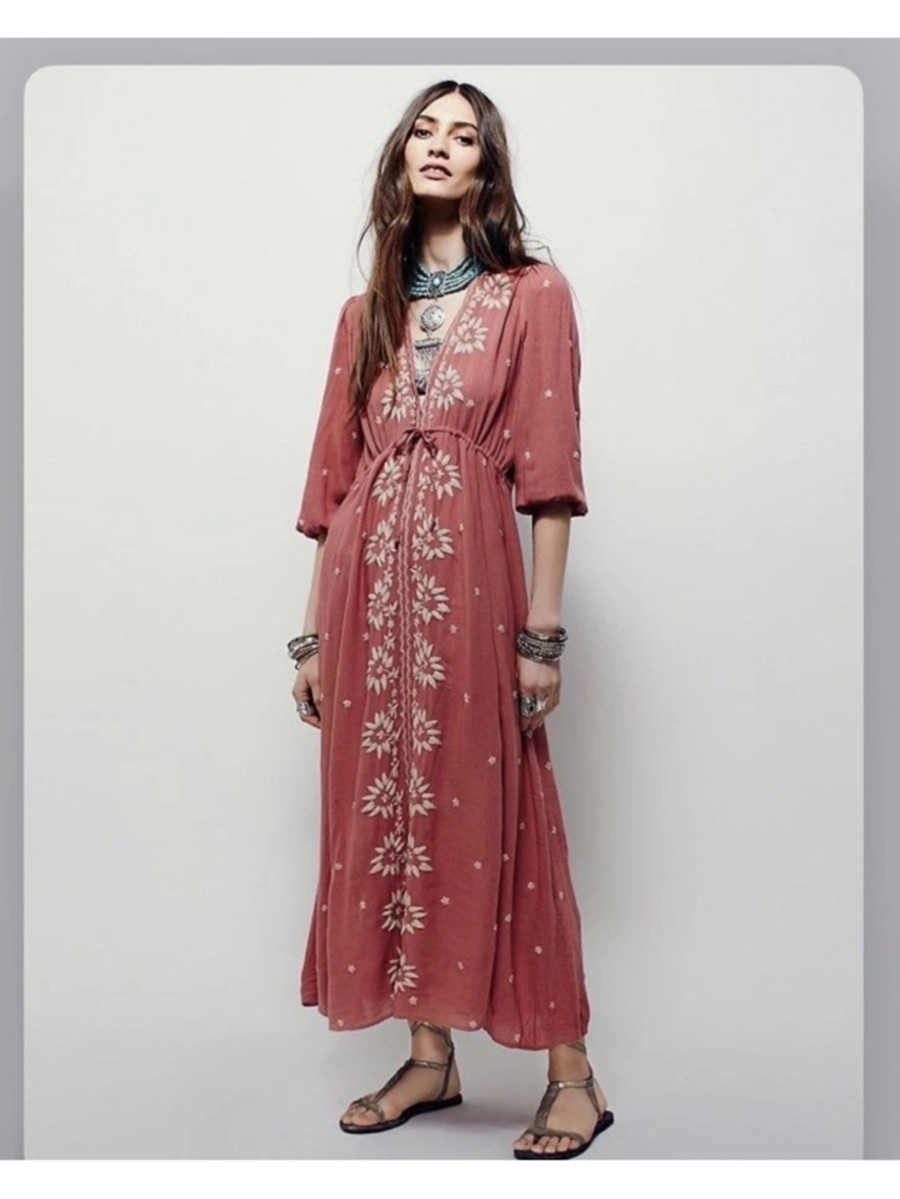 Free People Embroidered Fable Midi Dress Medium Viscose Rose Pink Boho - Picture 2 of 10